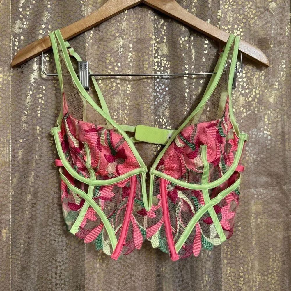 For Love & Lemons Petunia Floral Bustier Neon Green Pink Bra Top 34C